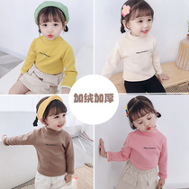 Girl pure color medium half height collar bottom shirt autumn winter clothing with children plus suede thickened long sleeve t-shirt baby warm blouse 2