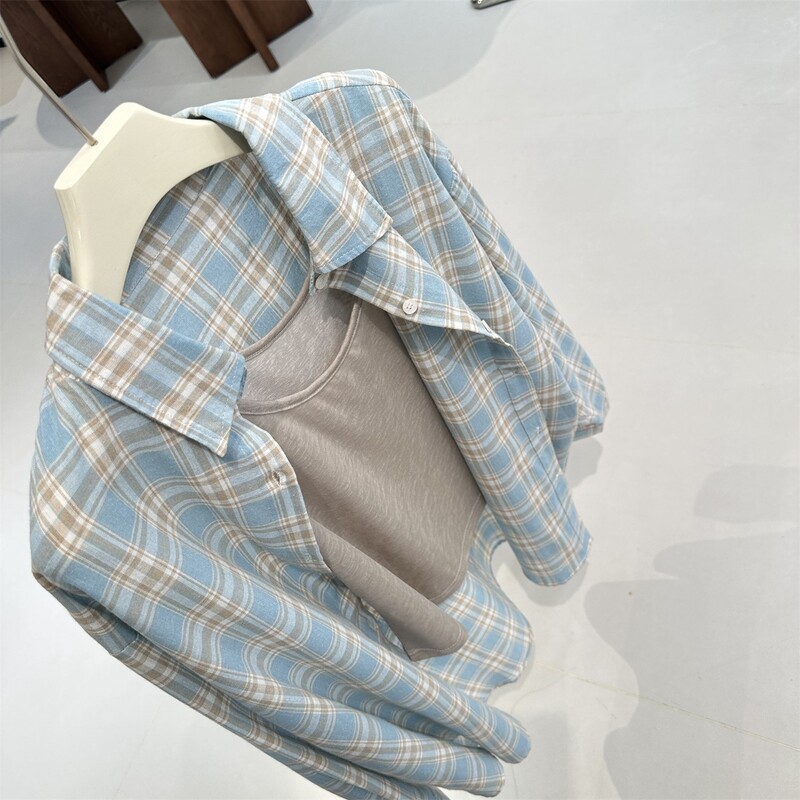 Ningbo Haishu New Style Clothing Co., Ltd. Ningbo Haiyan Fresh Blue Plaid Long-Sleeve Shirt for Women