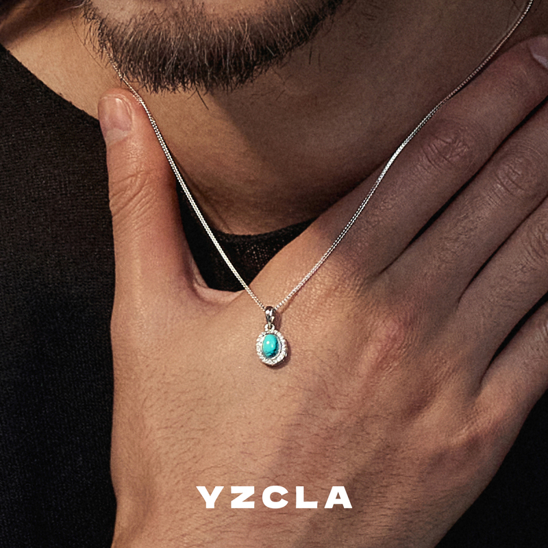 Yzcla Turquoise Pendant Natural Raw Ore Pure Silver Tibetan Style Retro Exquisite Niche Unisex Ethnic Style Necklace