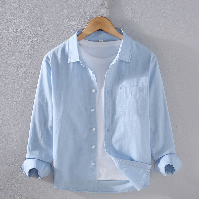 High Cotton Blend Long-Sleeved Shirt for Men, Business Casual, Loose, Breathable, Youth Blue, Thin Cotton and Linen Fabric Shirt