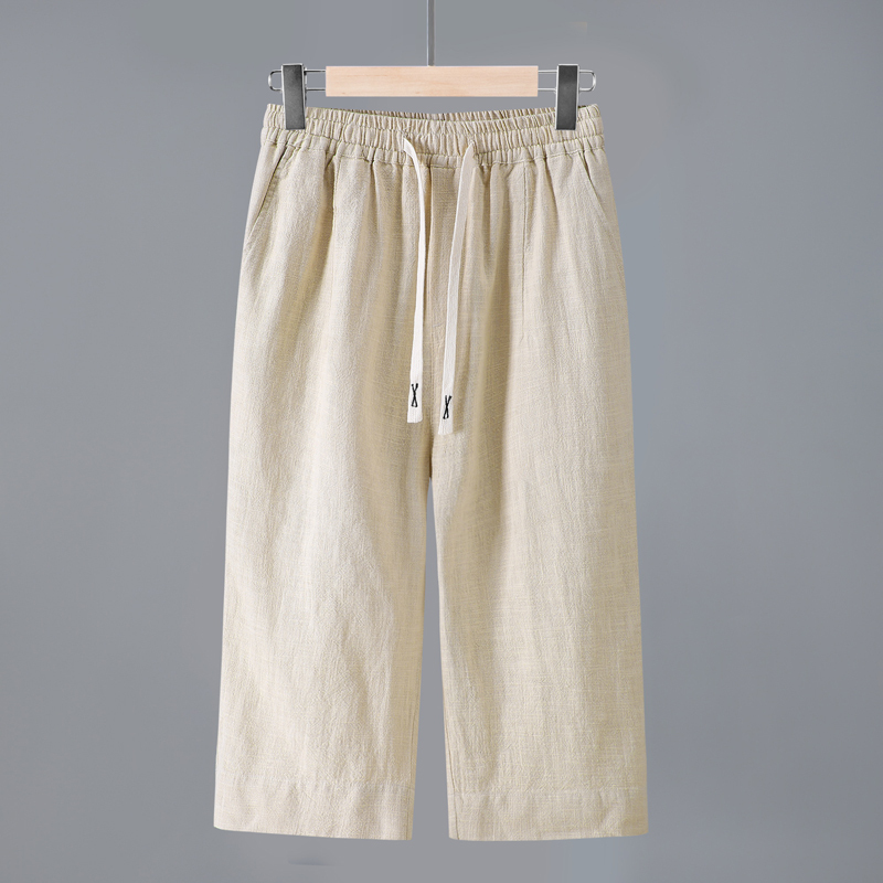 High-End Solid Color Linen Men's Knee-Length Capri Pants, Summer Breathable Cotton-Linen Fabric Mid-Length Pants, Ramie Breeches, Shorts