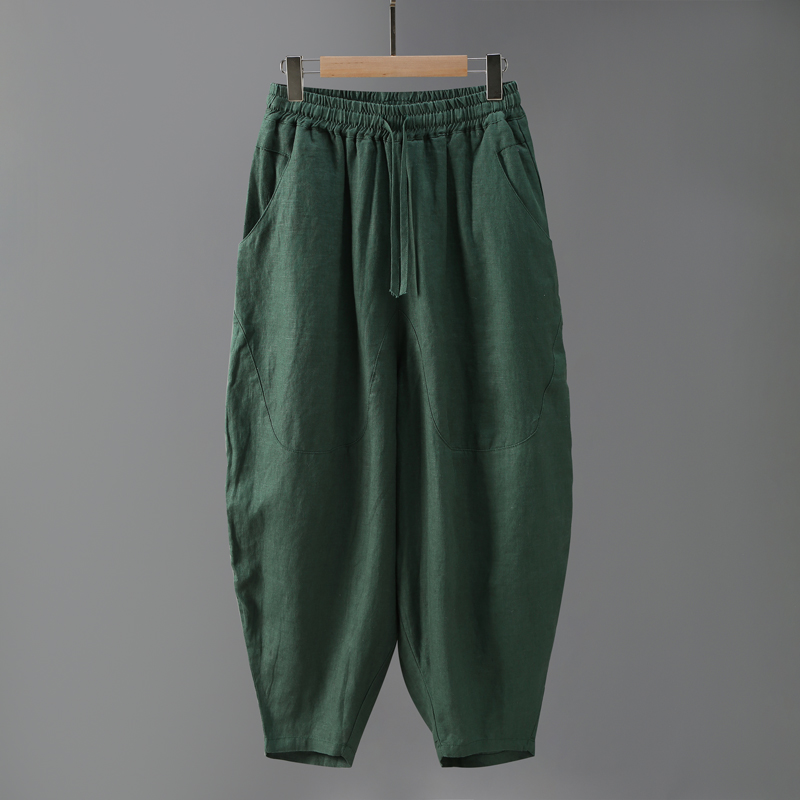 軽い高級糸染め純麻弾性レースカジュアルパンツメンズ中国風レトロ大きいサイズワイドレッグフルリネン9点パンツ