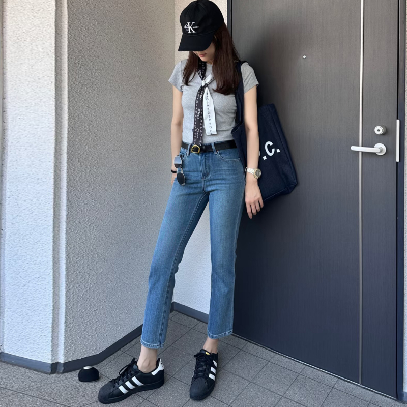 High-Waisted Straight-Leg Jeans for Women, 2026 Summer New Style, Slim Fit, Stretchy, Petite, Cropped Baguette Pants, Thin