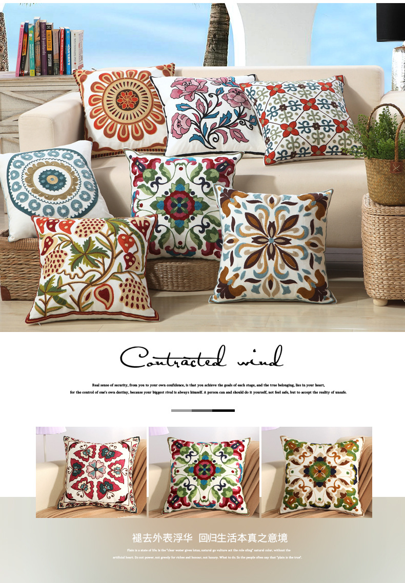 Vỏ gối thêu cotton sang trọng của Mỹ không có lõi vuông Gió Bắc Âu sofa gối đệm phòng khách bộ chăn gối ngủ văn phòng giá rẻ