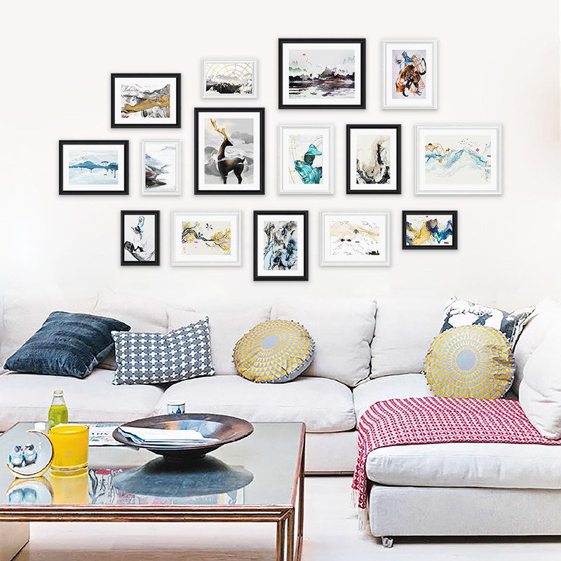 Small fresh photo wall hanging wall photo frame solid wood frame combination custom wash photo free punch background wall design