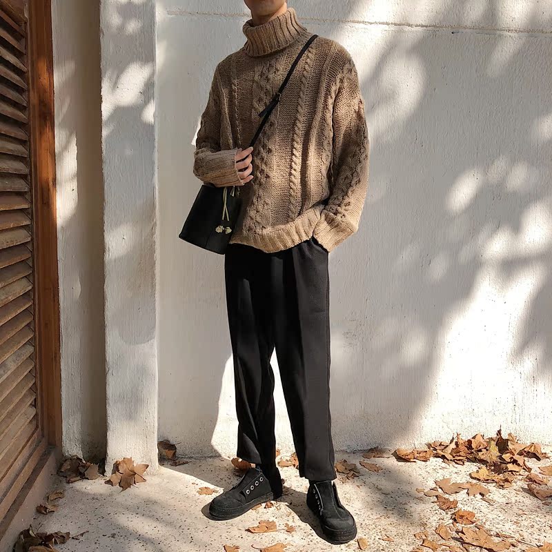 Thái độ / chic nổi tiếng xoắn retro cổ ins ròng đỏ lỏng vai ra khỏi đan áo len M áo khoác nam
