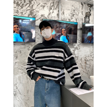 HOZI Stripes half high collar sweater Plush Texture Soft Loose Tide Ins and Mens round collar jacket headliner