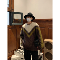HOZI Advanced Sensation Plush Round Collar Sweater small crowddesign Geometric Pattern Banged-on-the-weaters Long sleeves Sleeves Hooded Blouse