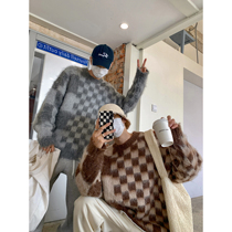 HOZI contrast checkerboard checkerboard vintage sweater mens winter new loose crewneck long sleeve trend knit top