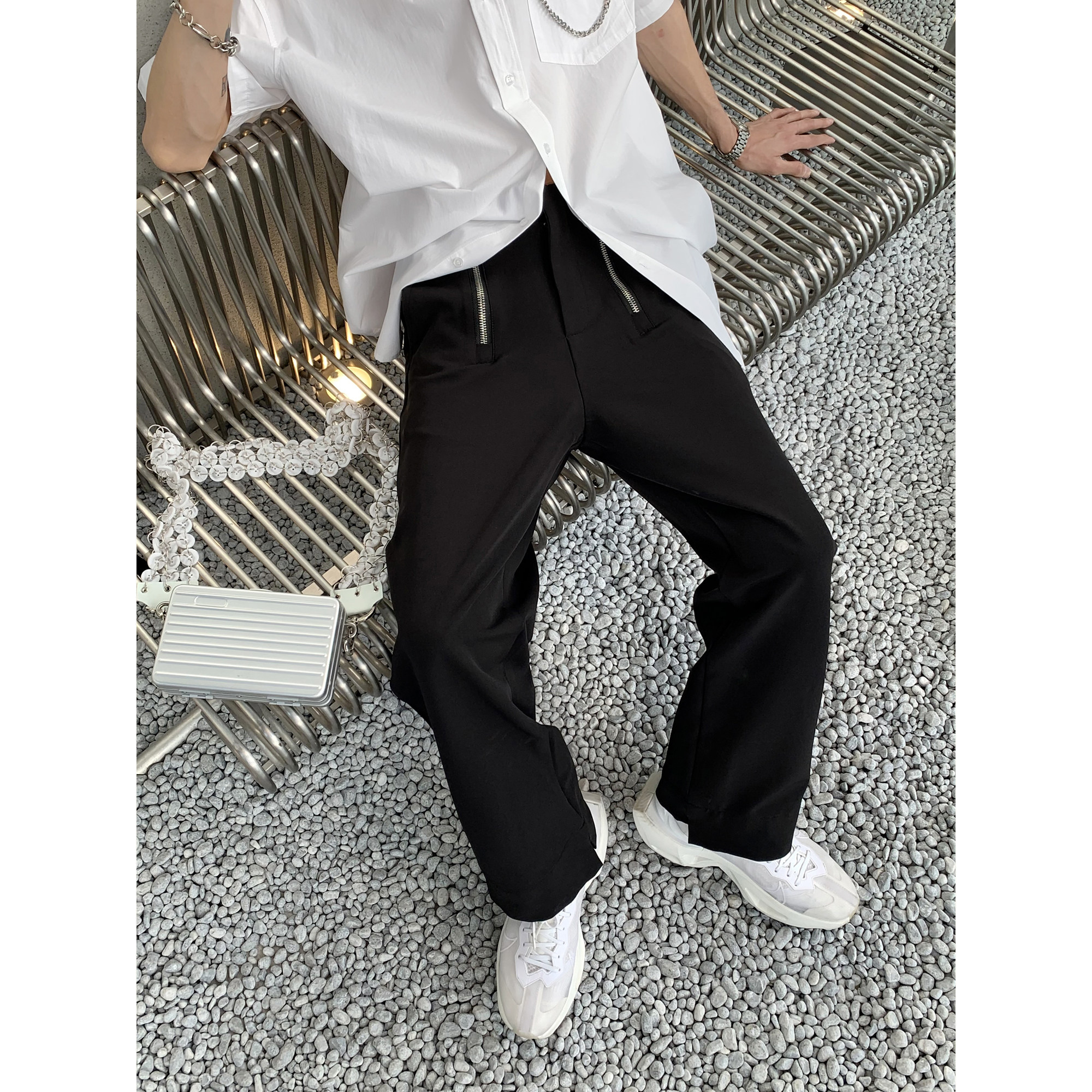 HOZI 2022 new waist laced designer pituality with small crowding trendy black western dress pants for men long pants