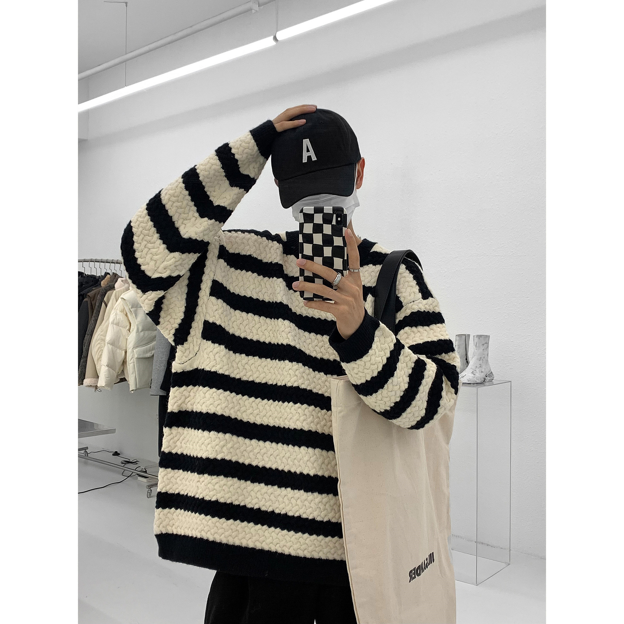 HOZI fashionable woven texture round neck sweater men's contrast stripe loose casual pullover sweater winter sanitary clothing