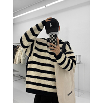 Value Clearance #Woven Texture Crew Neck Sweater Men Contrast Stripe Loose Pull Over Long Sleeves Trend Winter Thread Jacket