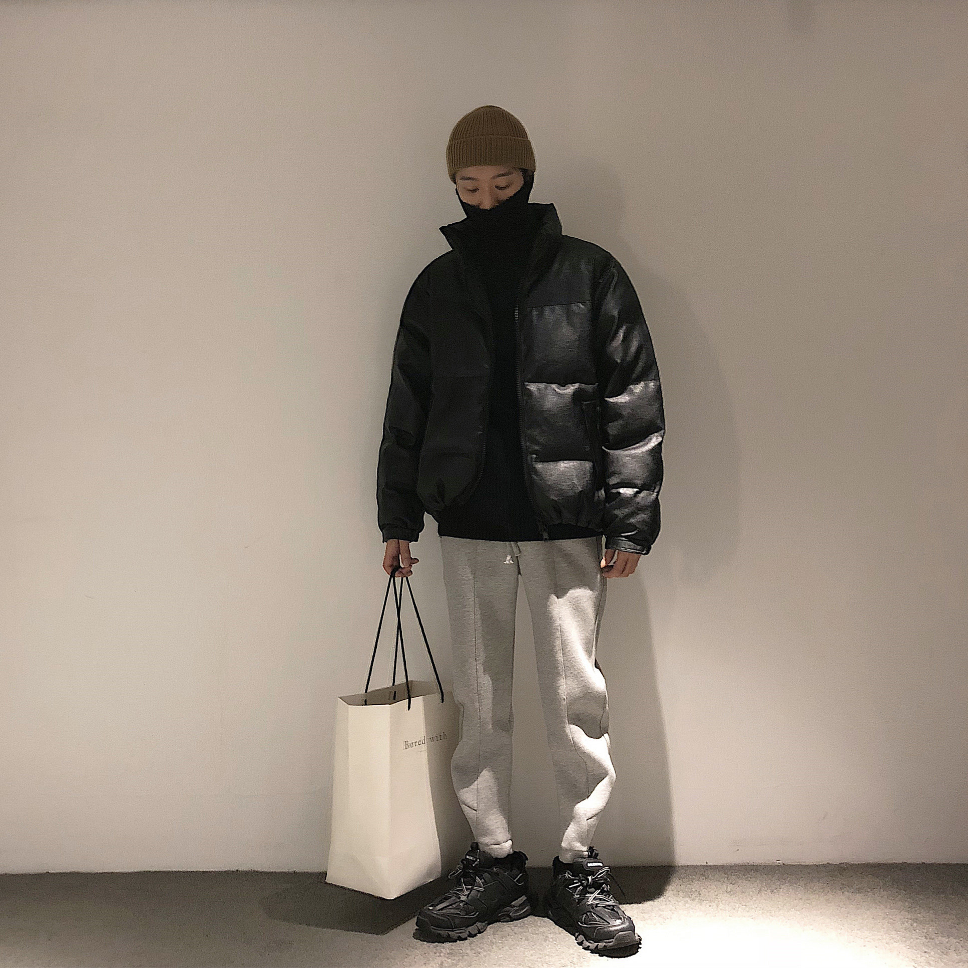 Anti-season clearance#winter black PU lint coat ins net red Korean version of stand-up collar bread cotton clothes men fried street coat tide