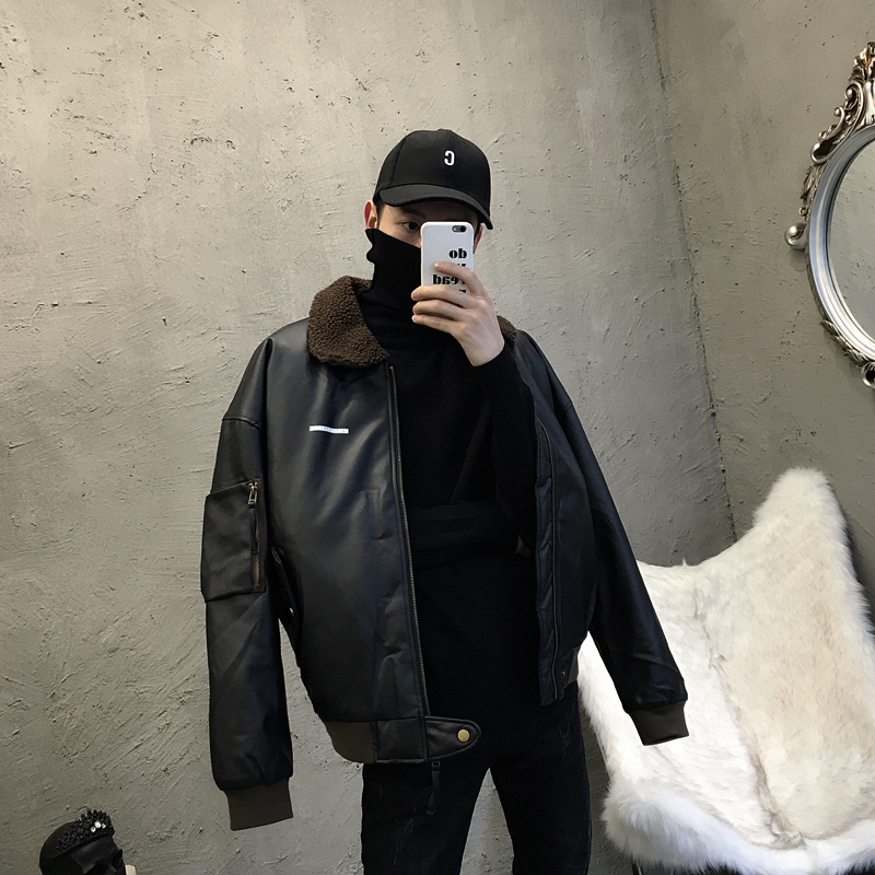 Thái độ / hoài cổ phong cách retro màu nâu cừu đen áo khoác da lỏng lẻo áo khoác bóng chày nam áo khoác nam cao cấp
