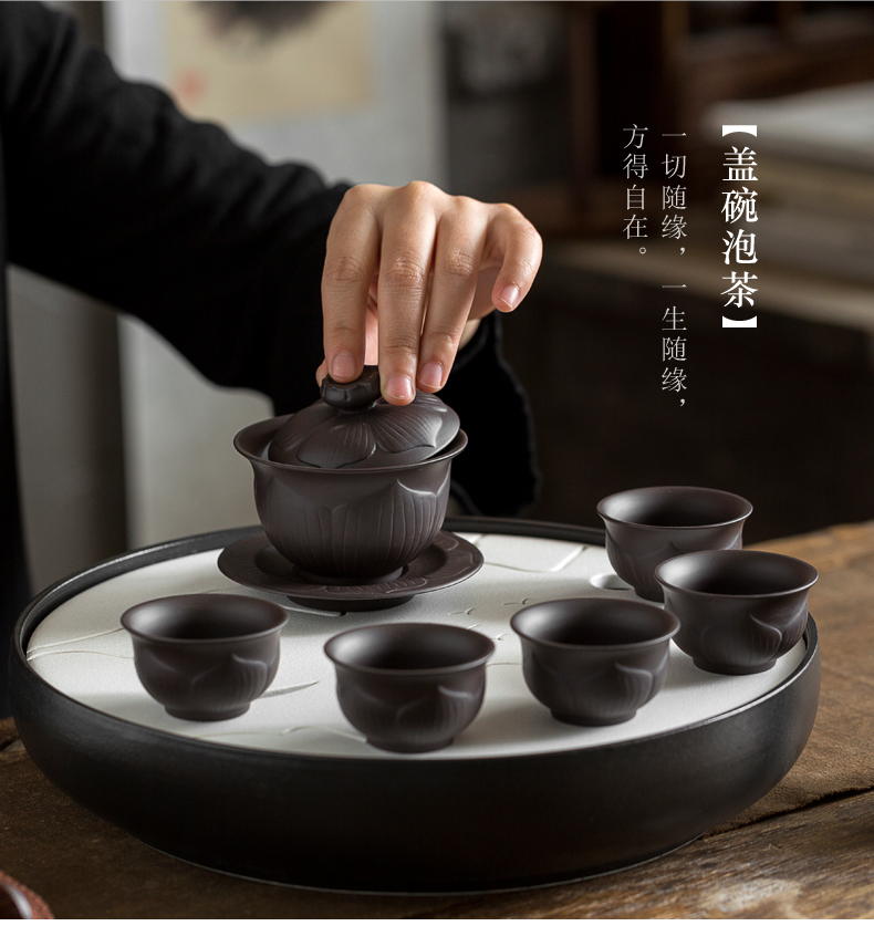 Purple sand tea set home tea tea ceramic teapot teacup solid wood tea tray tea tea set is contracted