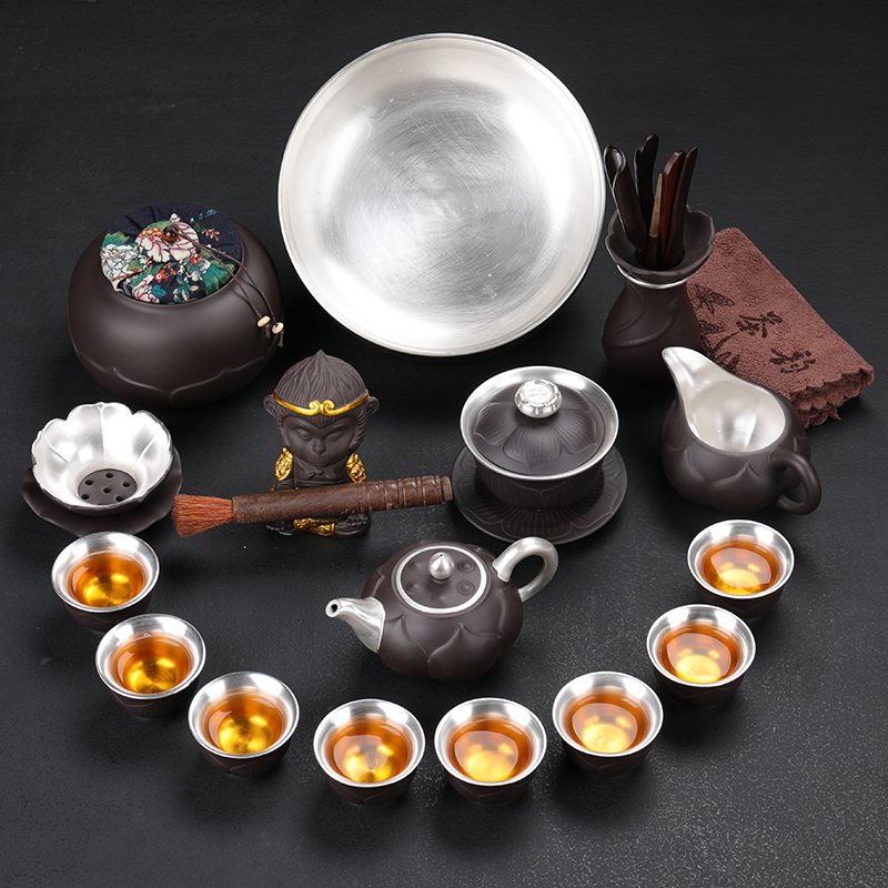 Tasted silver gilding silver cup purple sand tea set household 999 sterling silver, kung fu tea set gift office of a complete set of the teapot