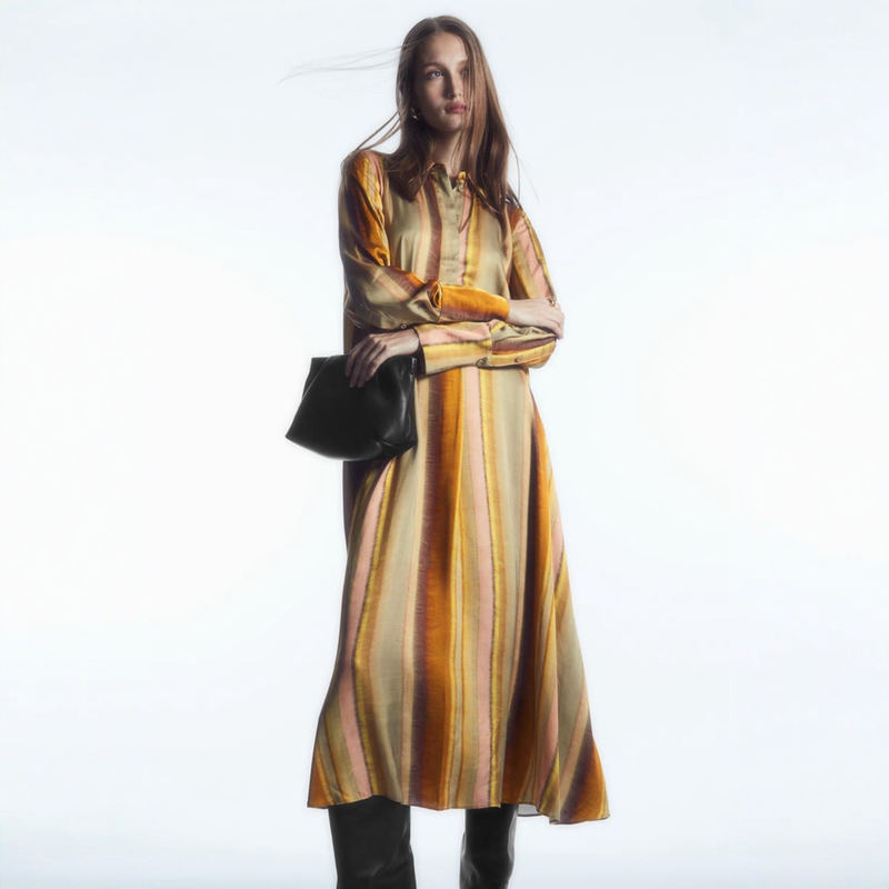 C0S Chunyuan Spectral Print Gold Brown Series Long Sleeve Dress with Belt Shirt Dress Long Dress Rayon Satin