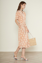 Wearing a literary and fashionable V-collar French tea break skirt temperament wave point short-sleeved silk dress female winter