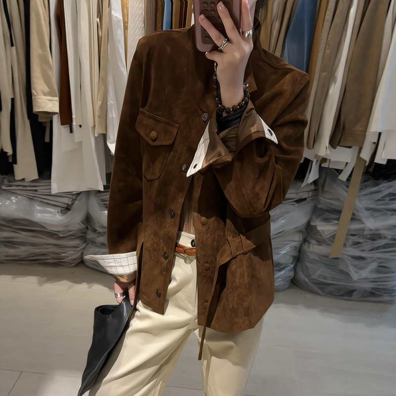 Onivintage 2026 Autumn Old Money Style Stand Collar Suede Lace-Up Short Jacket Women's Windbreaker Onivintage 2026 Autumn Old Money Style Stand Collar Suede Lace-Up Short Jacket Women's Windbreaker