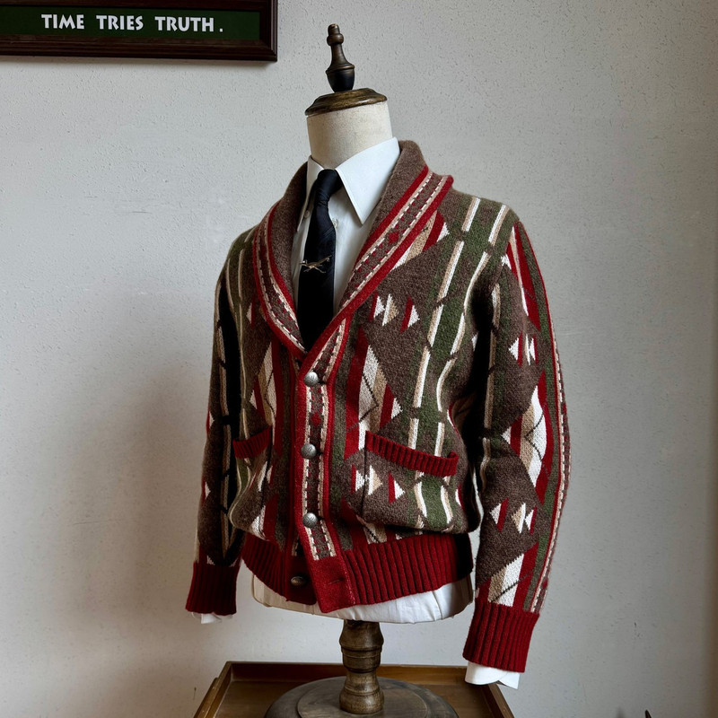Fair Isle Green Collar Autumn and Winter New Cardigan Jacket Men's Knitted Jacquard Sweater Stylish Festive Top