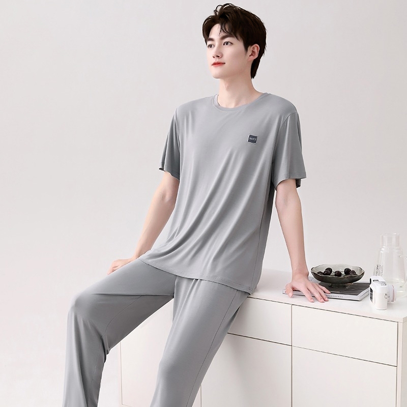 High-End Men's Pajamas Summer Pure Cotton Silk Modal Men's Short-Sleeved Long Pants Home Wear Summer Thin Set