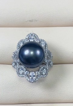 14.3mm perfect round aurora colorful seawater tahitian black pearl primary color ring