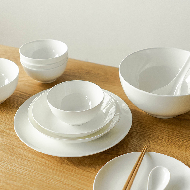 Extremely Simple Bone Porcelain Tableware Ceramic Bowl Home Commercial Rice Small Bowl Large Bowl Large Bowl Soup Bowl of Blister Noodle Bowl Lead-free White Porcelain Suit