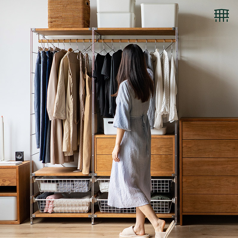 Japanese-Style Floor-Standing Solid Wood Coat Rack Bedroom Open Wardrobe Entryway Storage Stainless Steel Clothes Rack Japanese-Style Floor-Standing Solid Wood Coat Rack Bedroom Open Wardrobe Entryway Storage Stainless Steel Clothes Rack