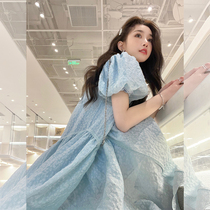 Fairy Harbor Taste Vintage Chic Bubbles Cuff Style Micro Fat Girls Temperament Superior Blue Dress Skirt Summer