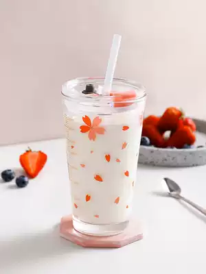 Adult scale glass Straw water cup ins Net Red Creative juice cup Breakfast cup Portable milk cup with lid
