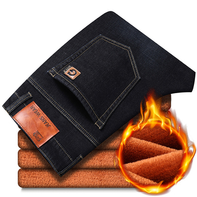 高品质 冬季加绒加厚弹力直筒牛仔裤男