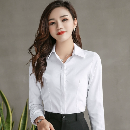 春夏白衬衫女翻领防走光长袖职业衬衫打底条纹工装工作服短袖正装
