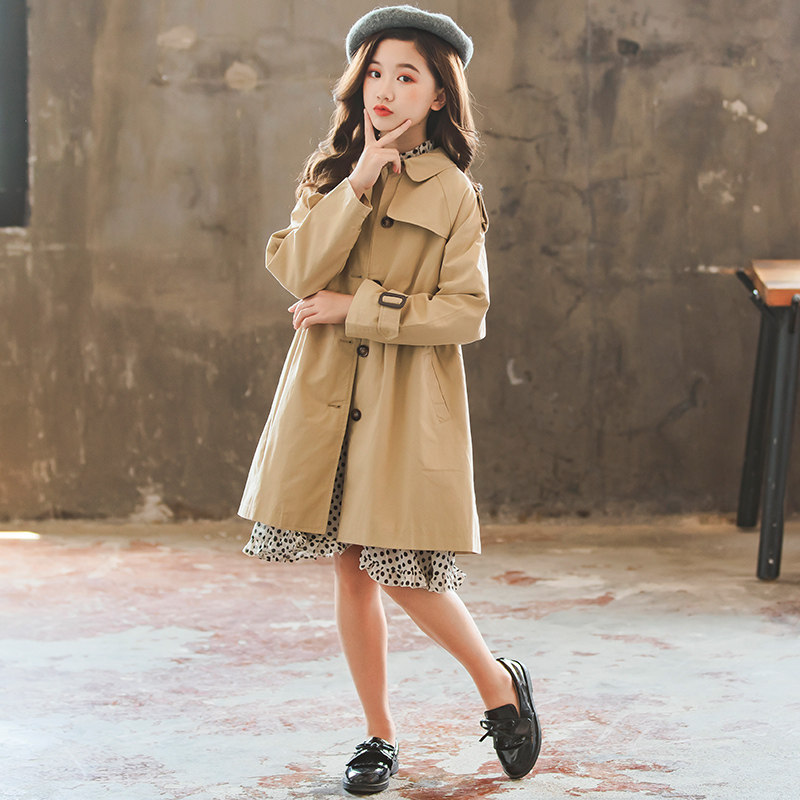 Girls' windbreaker autumn and winter 2022 new middle-aged children's British style coat in the long version of the girl's autumn top Western style