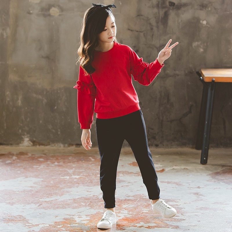 Girls autumn suits fashionable Western style 2022 new red casual middle-aged children's sweater two-piece set spring and autumn