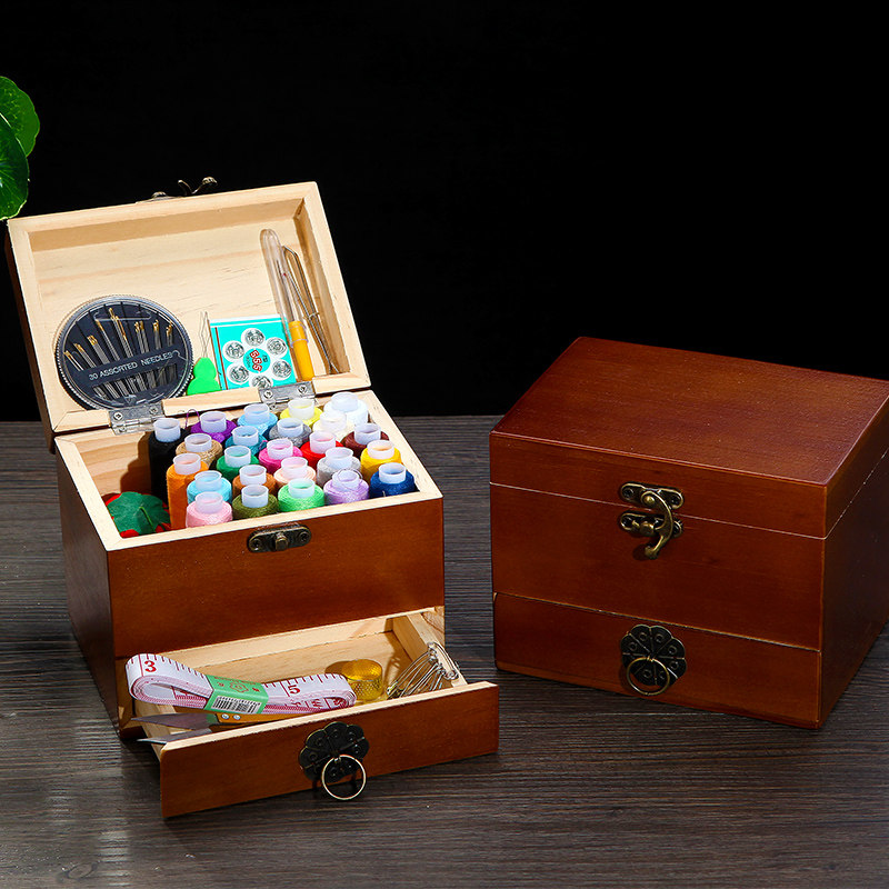 Chinese style needlework bag needlework set Household needlework box Hand-sewn solid wood multi-functional cute portable mini