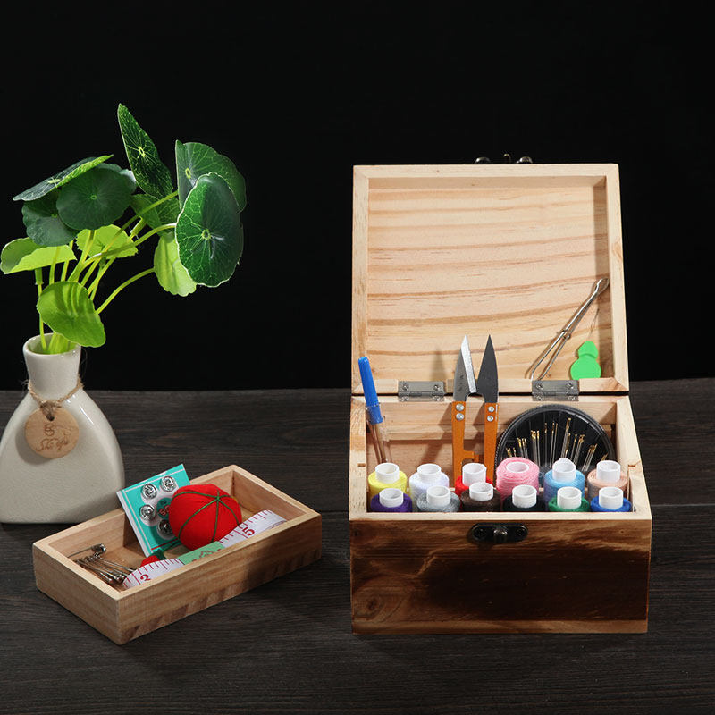 Retro home solid wood needle wire box sewing suit containing box hand stitched stitch sewing thread manual DIY stitched tools