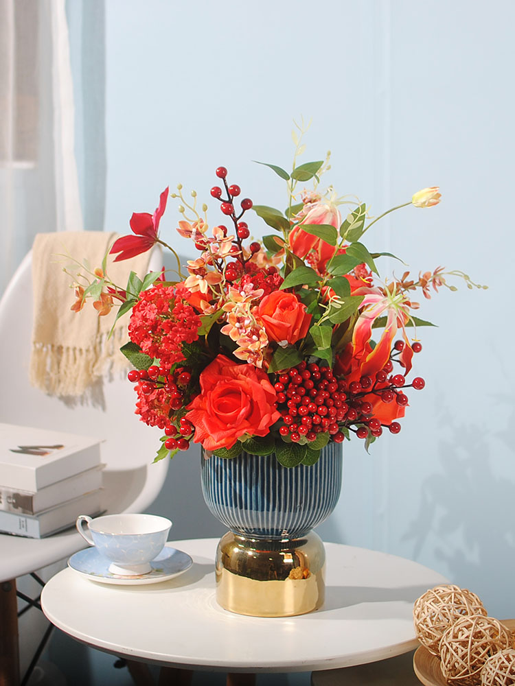 High-end emulated flower light extravagant dining room with floral dining room furnishing floral fake flower decoration upscale red anti-real flower suit