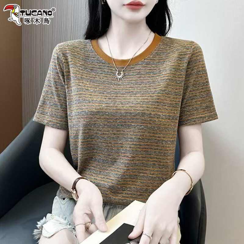啄木鸟纯棉条纹短袖T恤女2026夏季新款圆领宽松显瘦百搭洋气上衣
