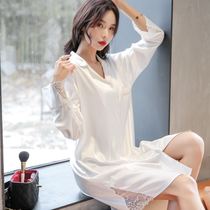 Sexy night dress womens summer thin section ice silk long section 2020 new long-sleeved lace white shirt silk pajamas