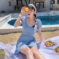 2021 new one-piece swimsuit women cover belly thin student conservative super fairy ins small chest gathered skirt style hot spring outfit