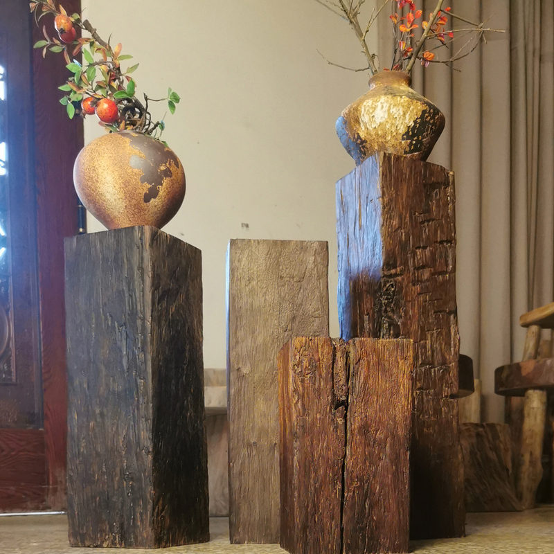 Natural Weathered Wood Square Pedestal Flower Stand, Old Wood from Dismantled Buildings, Chinese-Style Rustic Wabi-Sabi Style, Natural Wood Style Natural Weathered Wood Square Pedestal Flower Stand, Old Wood from Dismantled Buildings, Chinese-Style Rustic Wabi-Sabi Style, Natural Wood Style