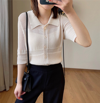 Splice Hollow polo Collar Knitted Cardigan Blouse-04228