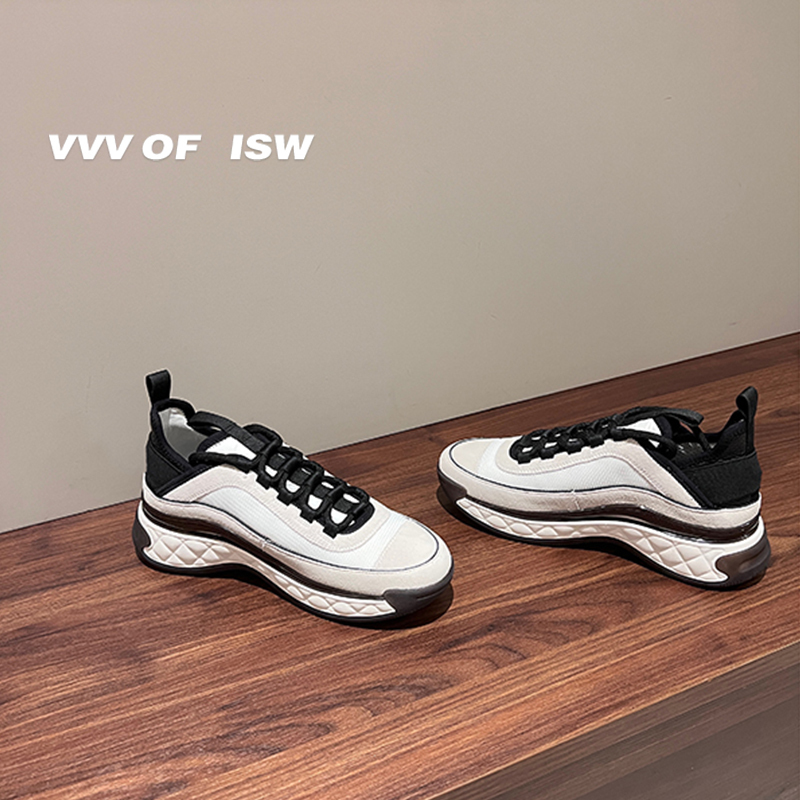 Cabinet-Grade Black and White Panda Air-Cushion Shoes with Internal Height Increase, Casual and Fashionable Sports Shoes, Round Toe, Shock-Absorbing, Non-Slip, Lightweight Women's Model