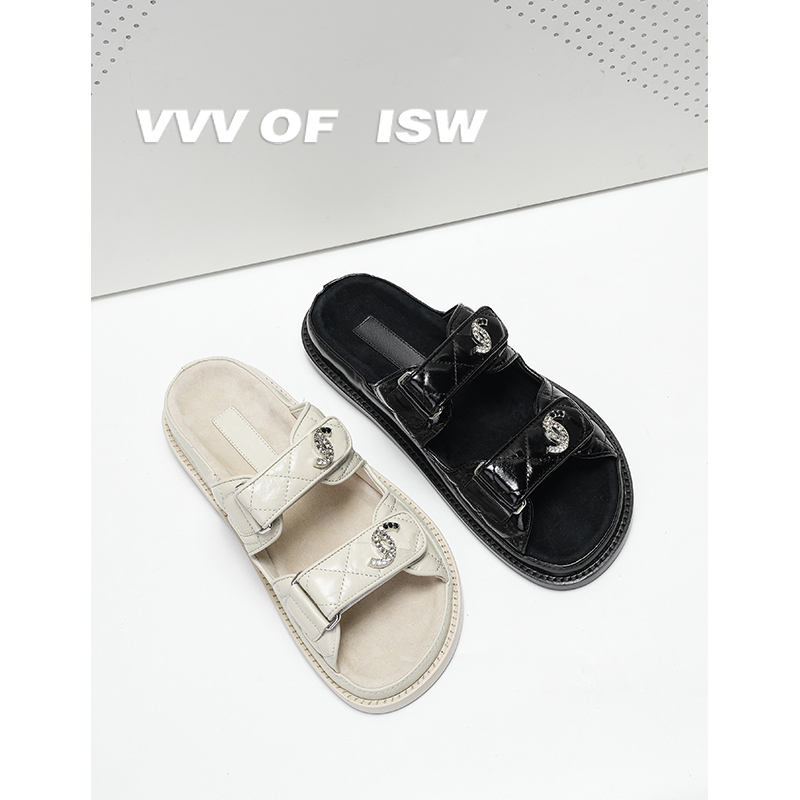 Cabinet-Level 25Preparation Manual Oil Wax Chanel-Style Quilted Diamond Buckle Velcro Beach Sandals for Women