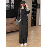 Осенний комплект для отдыха, штаны, в стиле Шанель, по фигуре, свободный крой, круглый воротник