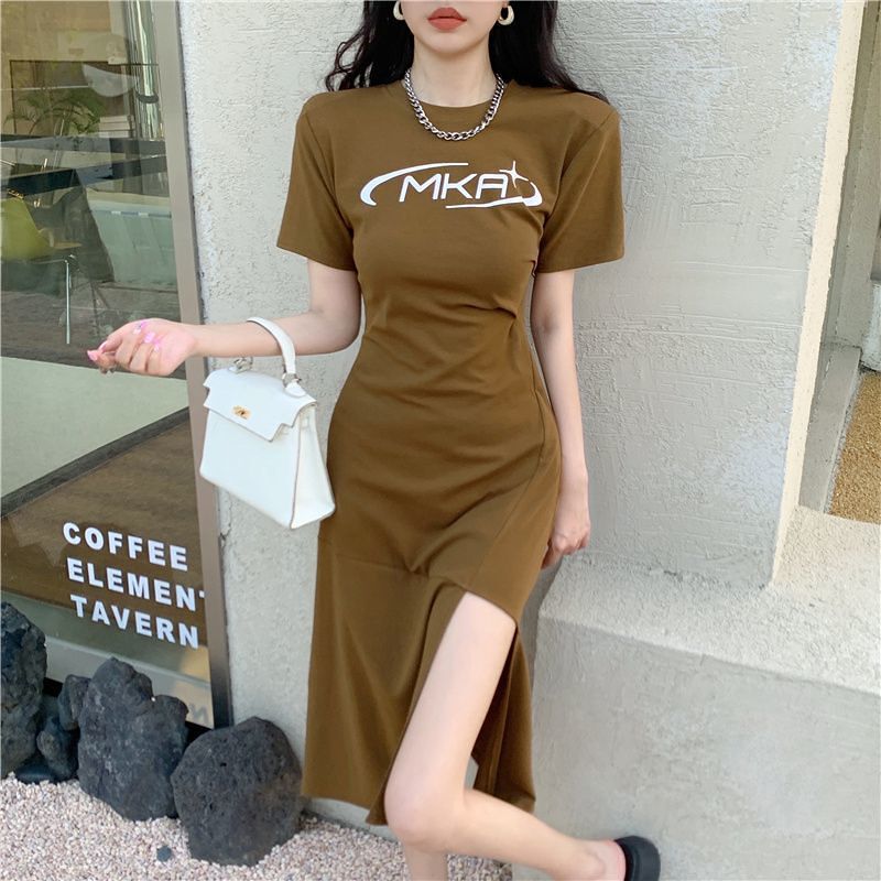 Stylish and Fashionable Asymmetrical Slit Dress 2024 Summer New Style Letter Print Slimming Pure Desire Sweet and Spicy Dress