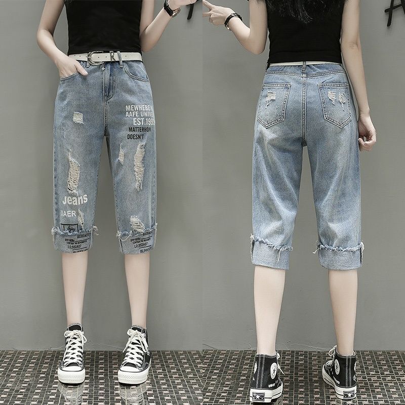 Loose Mid-Length Pants for Women 2024 Summer Plus Size Women's Clothing for Chubby Girls, Fashionable Slimming Ripped Printed Denim Capri Pants for Women
