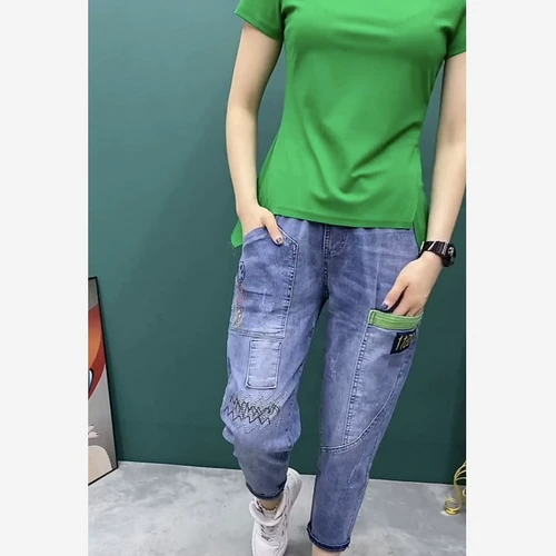 Джинсы, тонкие приталенные штаны для отдыха, оверсайз, большой размер, высокая талия, с вышивкой