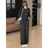 Осенний комплект для отдыха, штаны, в стиле Шанель, по фигуре, свободный крой, круглый воротник