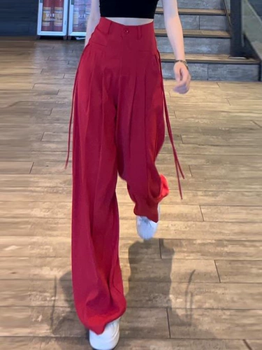 Ремень, костюм, летние штаны для отдыха, в корейском стиле, высокая талия, свободный прямой крой